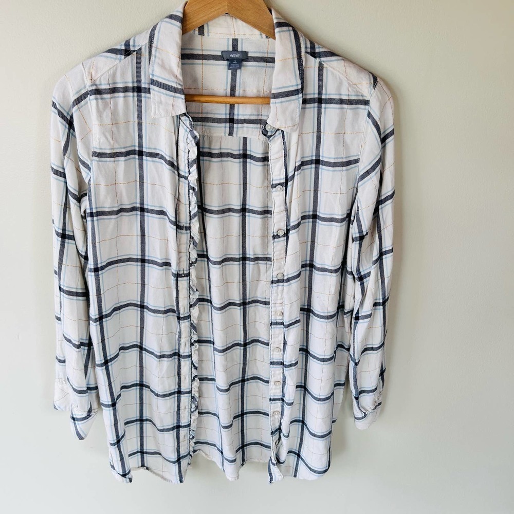 Aerie S white blue gold plaid tunic length button down brushed soft flannel top
